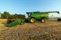 Side view of a John Deere S680 combine in a wheat field in Idaho, USA - July 29, 2021 Royalty Free Stock Photo