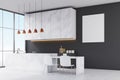 Side view of a kitchen with marble furniture, black walls, panoramic window and a small table with two white chairs.