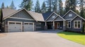 The side view of a large gray craftsman new construction house with a landscaped yard. Generative AI Royalty Free Stock Photo