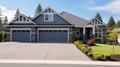 The side view of a large gray craftsman new construction house with a landscaped yard. Generative AI Royalty Free Stock Photo