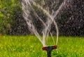 Side view of lawn sprinkler with flow of water fly in an air with copyspace Royalty Free Stock Photo