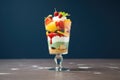 side view of layered fruit sundae in a glass cup