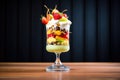 side view of layered fruit sundae in a glass cup