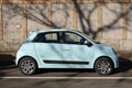 Side view of light blue Twingo 3, electric car of the french automaker Renault. Royalty Free Stock Photo