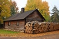 side view of a log cabin with a woodpile stacked against its wall