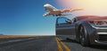 Side view of a luxury sports car and a runway with an airplane behind it, background, sky