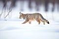 side view of a lynx stalking prey in snow