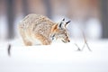 side view of a lynx stalking prey in snow