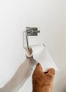 male hand reaching for an almost empty toilet paper holder Royalty Free Stock Photo