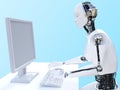 3D rendering of male robot sitting at computer.