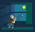 Astronomy Hobby, Man with Telescope, Moon Vector