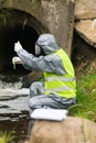 Side view of a man in a protective suit and mask holding a test tube and a pipette with test water on the river after an outdoor Royalty Free Stock Photo