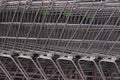 Side view of many metal shopping carts standing in a row on the street Royalty Free Stock Photo