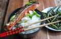 Honey Glazed Asian Style Salmon With Basmati White Rice and saute green beans on the side