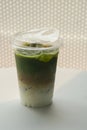 side view matcha green tea coffee in plastic glass on white floor, white wall background, food, drink, banner, template, copy