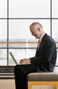 Side view of mature businessman working on laptop