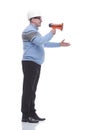 Side view. a Mature man with a megaphone explains something. Royalty Free Stock Photo