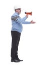 side view. a Mature man with a megaphone explains something. Royalty Free Stock Photo