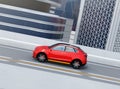 Side view of metallic red electric SUV driving on the highway Royalty Free Stock Photo