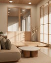 Side view of a minimalist Japanese living room interior design with a comfortable couch and decor