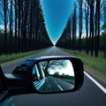 a side view mirror reflecting a road in the side view mirror of a side view with a dark sky and trees in the Royalty Free Stock Photo