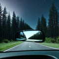 a side view mirror reflecting a road in the side view mirror of a side view with a dark sky and trees in the Royalty Free Stock Photo