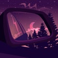 Side view mirror reflection of a dark forest under the night sky. Fantasy landscape with a gradient sunset and tree silhouettes