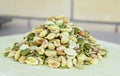 side view of a mixture of various nuts: sunflower seeds, pumpkin and peanuts. Vegan food. Healthy vegetable fats. The