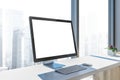 Mock up computer screen white office table, side Royalty Free Stock Photo