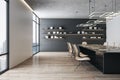 Side view on modern conference room interior design with big black meeting table, stylish chairs, book shelves on dark wall