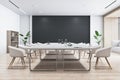 Side view of empty conference room with white office desk and chairs, black wall, wooden floor, and houseplant. 3D Royalty Free Stock Photo