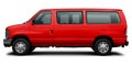 Side view of a modern passenger American minibus in red.