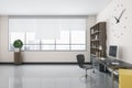 Side view of modern white office interior with bookcase, window with city view, workplace with computer, other items and concrete