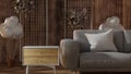 Side view of modern wooden wall living room interior with sofa and side table. Mock up, 3D Render Royalty Free Stock Photo