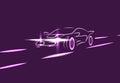 Side view of a neon glowing sports car silhouette on the highway. Abstract modern style. illustration Royalty Free Stock Photo