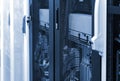 Side view network server room with racks in big data center. Datacentre interface and equipment Royalty Free Stock Photo