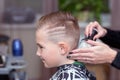 Side view Nice european boy getting hairstyle in barbershop.hairdresser makes a hairstyle for boy