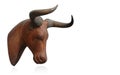 Side view old brown wooden bison head on white background, object, vintage, decor, fashion, copy space