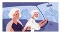 Side view of old gray-haired couple inside car on summer evening. Scene with elegant senior people driving auto. Colored