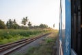 Side view of old passenger train moving through natural landscape Royalty Free Stock Photo