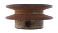 Side view of an old rusty pulley wheel with the screw for the key slot on a white background