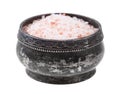 side view of old silver salt cellar with pink Salt