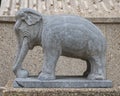 Side view of one of a pair of Chinese 19th century carved stone elephants outside the World Trade Center in Dallas, Texas