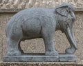 Side view of one of a pair of Chinese 19th century carved stone elephants outside the World Trade Center in Dallas, Texas