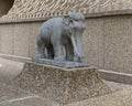 Side view of one of a pair of Chinese 19th century carved stone elephants outside the World Trade Center in Dallas, Texas