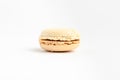 Side view of one sweet white vanilla French macaron isolated on white background, tasty French dessert on a table