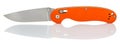 Side view of open folding pocket knife with matte blade and orange composite plastic cover plates on steel handle isolated on Royalty Free Stock Photo