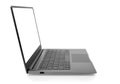 Side view of Open laptop computer. Modern thin edge slim design. Blank white screen display for mockup and gray metal aluminum Royalty Free Stock Photo