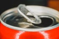 Side view of Open Soda Can. An open can of carbonated beverage with a ring for opening cans. Royalty Free Stock Photo