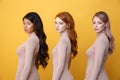 Side view photo of young serious three ladies Royalty Free Stock Photo